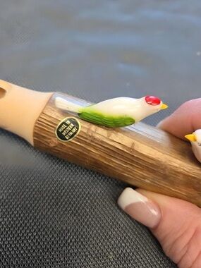 Ceramic Bird Perch Accent — White, Green & Red Decorative Perch